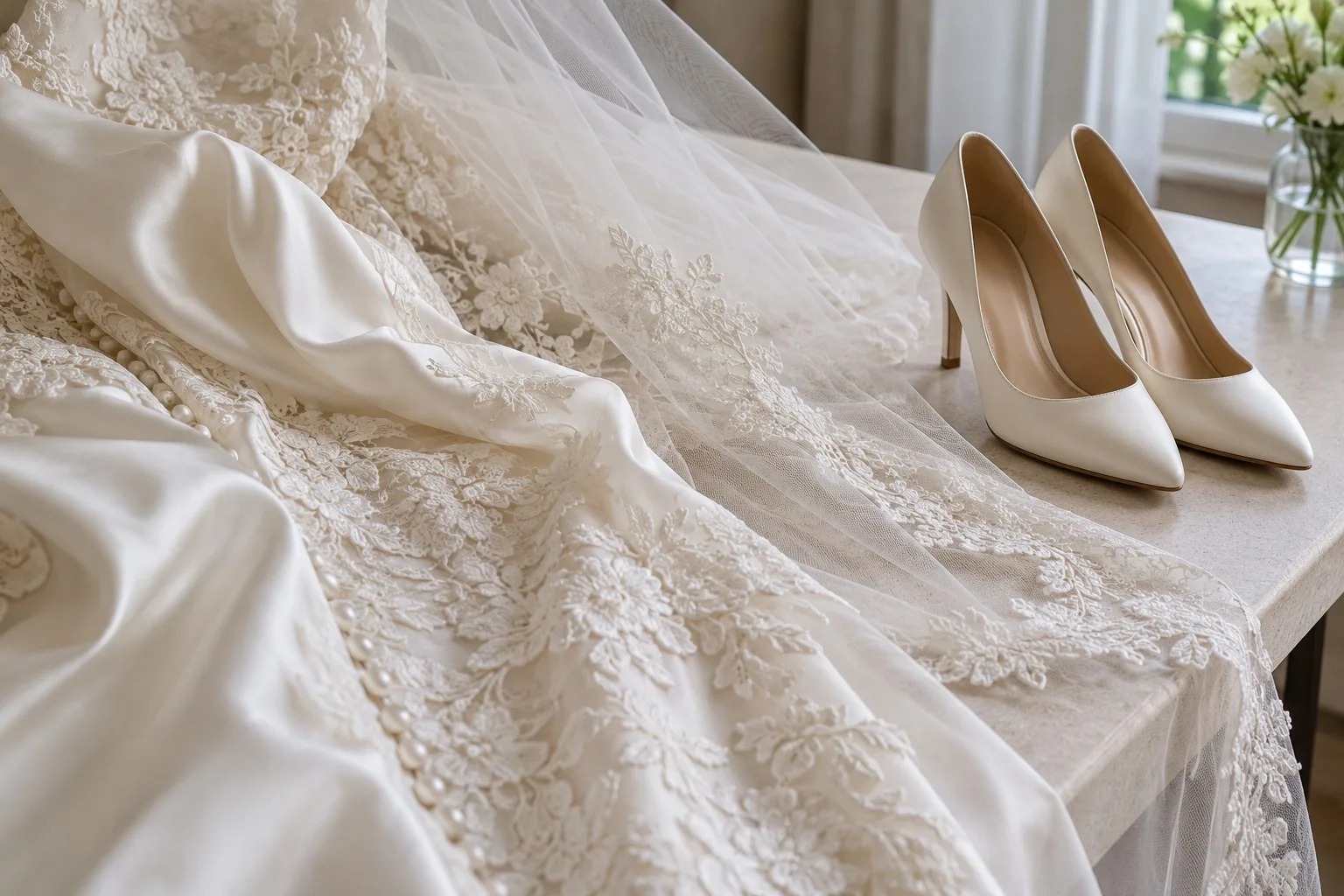 Brautstoffe mit Spitze und Schleier neben schlichten hellen Schuhen